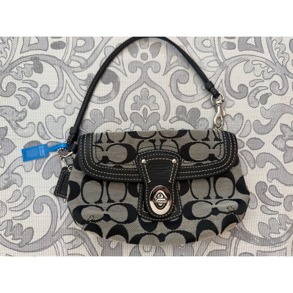 Coach Signature C Turnlock Canvas Leather Wristlet Black Gray 8x5